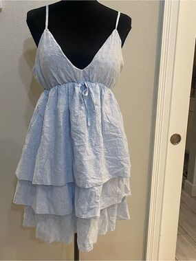 Light Blue Eyelet Tiered Mini Dress - Spaghetti Strap
